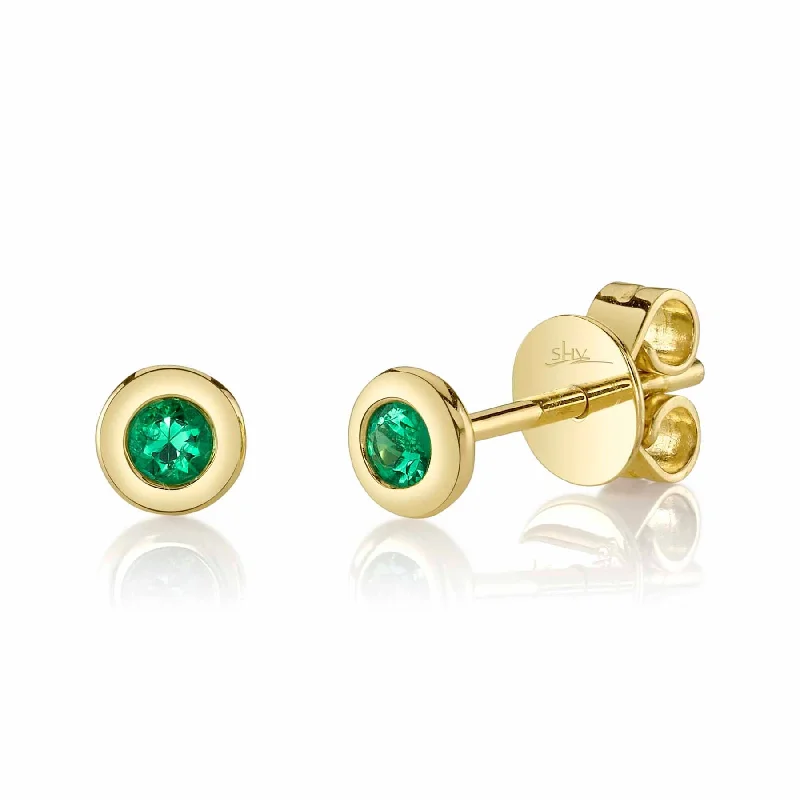 14K Gold 0.08 Carat Round Emerald Bezel Stud Earrings