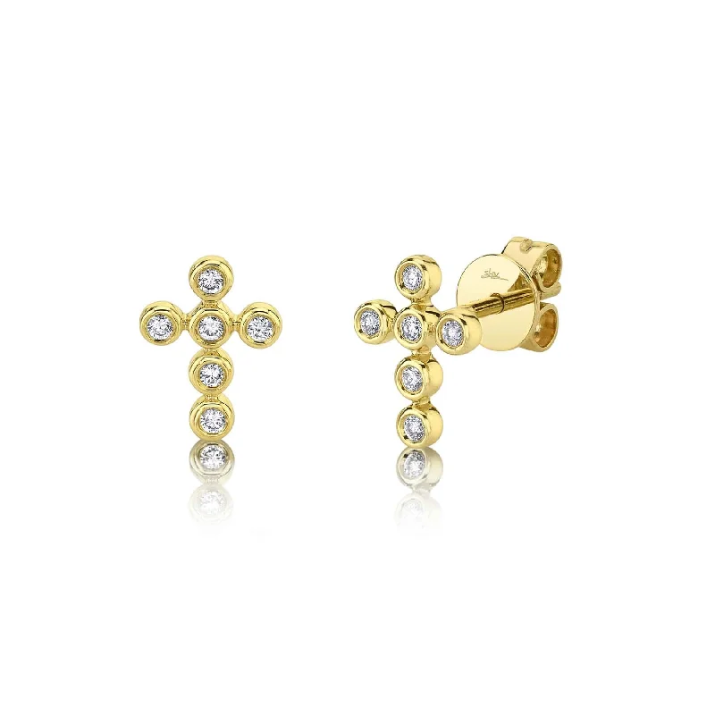 14K Gold 0.11 Carat Diamond Bezel Cross Stud Earrings