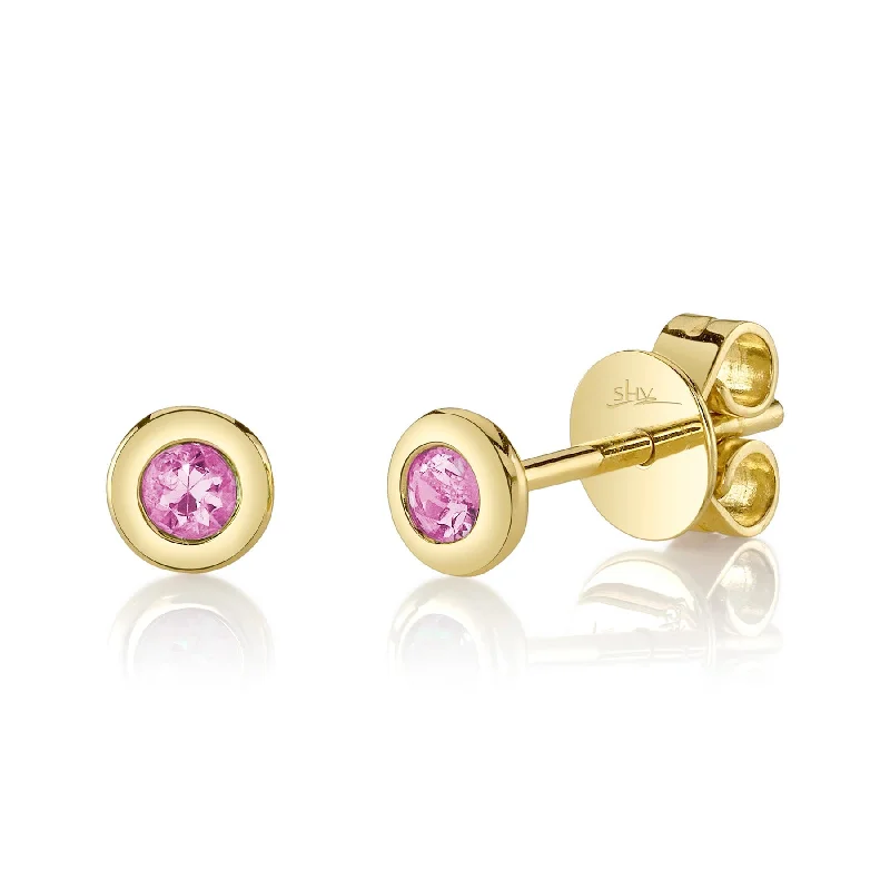 14K Gold 0.14 Carat Round Pink Sapphire Bezel Stud Earrings