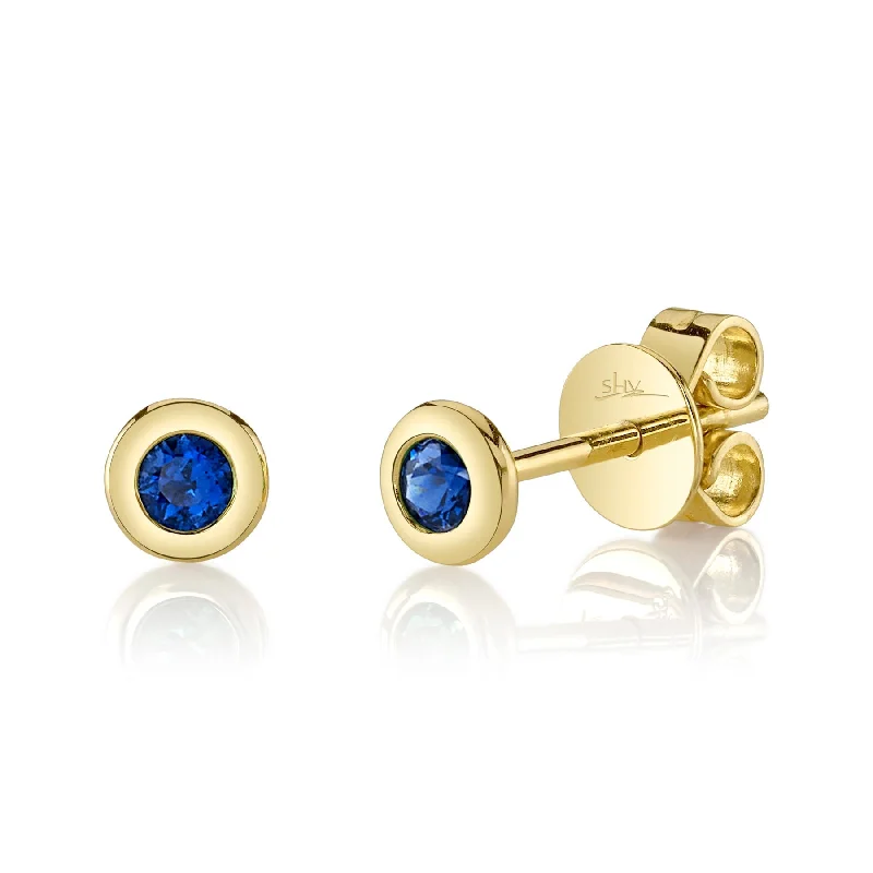 14K Gold 0.14 Carat Round Sapphire Bezel Stud Earrings