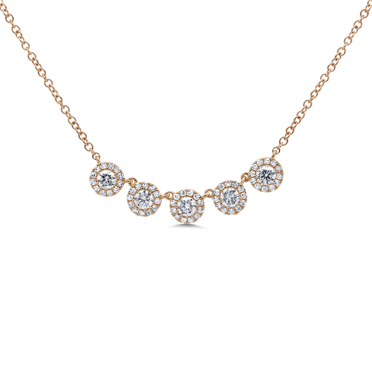 14K Rose Gold Necklace with Station Round Diamonds Each with a Halo