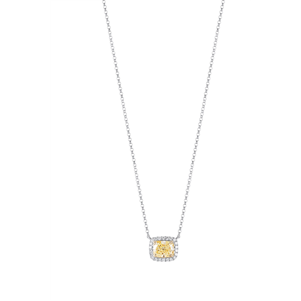 14K White and Yellow Gold Cushion Fancy Yellow Diamond with Halo Pendant Necklace