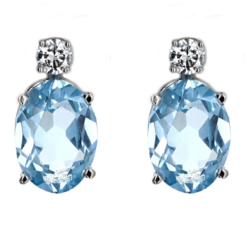 14K White Gold 12 Carat Total Weight Oval Blue Topaz & Diamond Stud Earrings