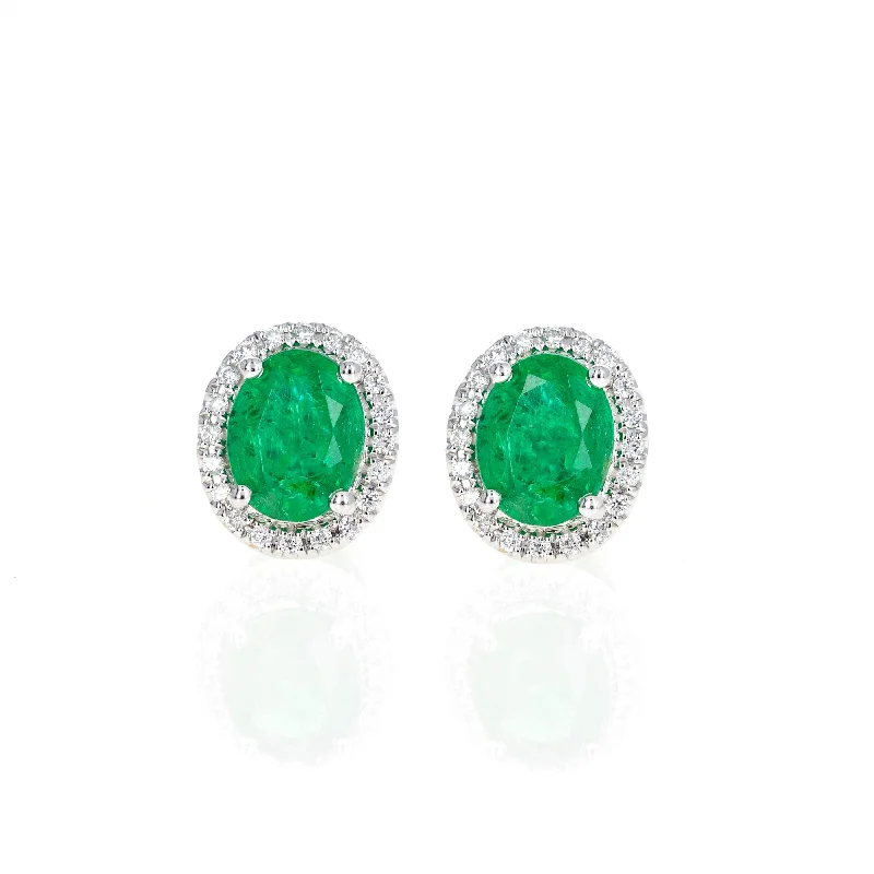 14K White Gold 2 Carat Emerald Diamond Halo Stud Earrings