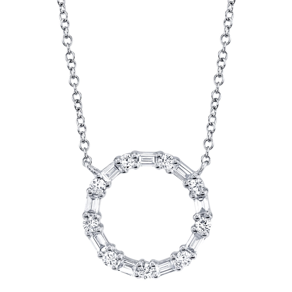 14K White Gold Baguette and Round Diamond Circle Necklace