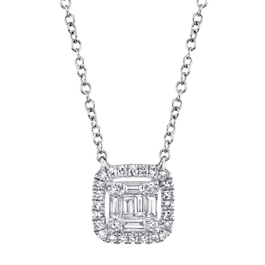 14K White Gold Baguette and Round Diamond Necklace, 15-18 inch