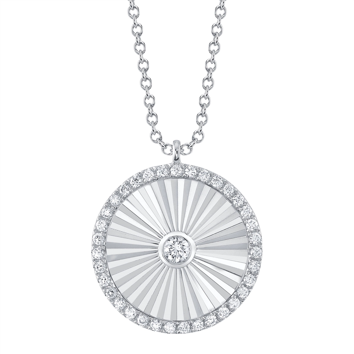 14K White Gold Circle Diamond Ray Pendant Necklace