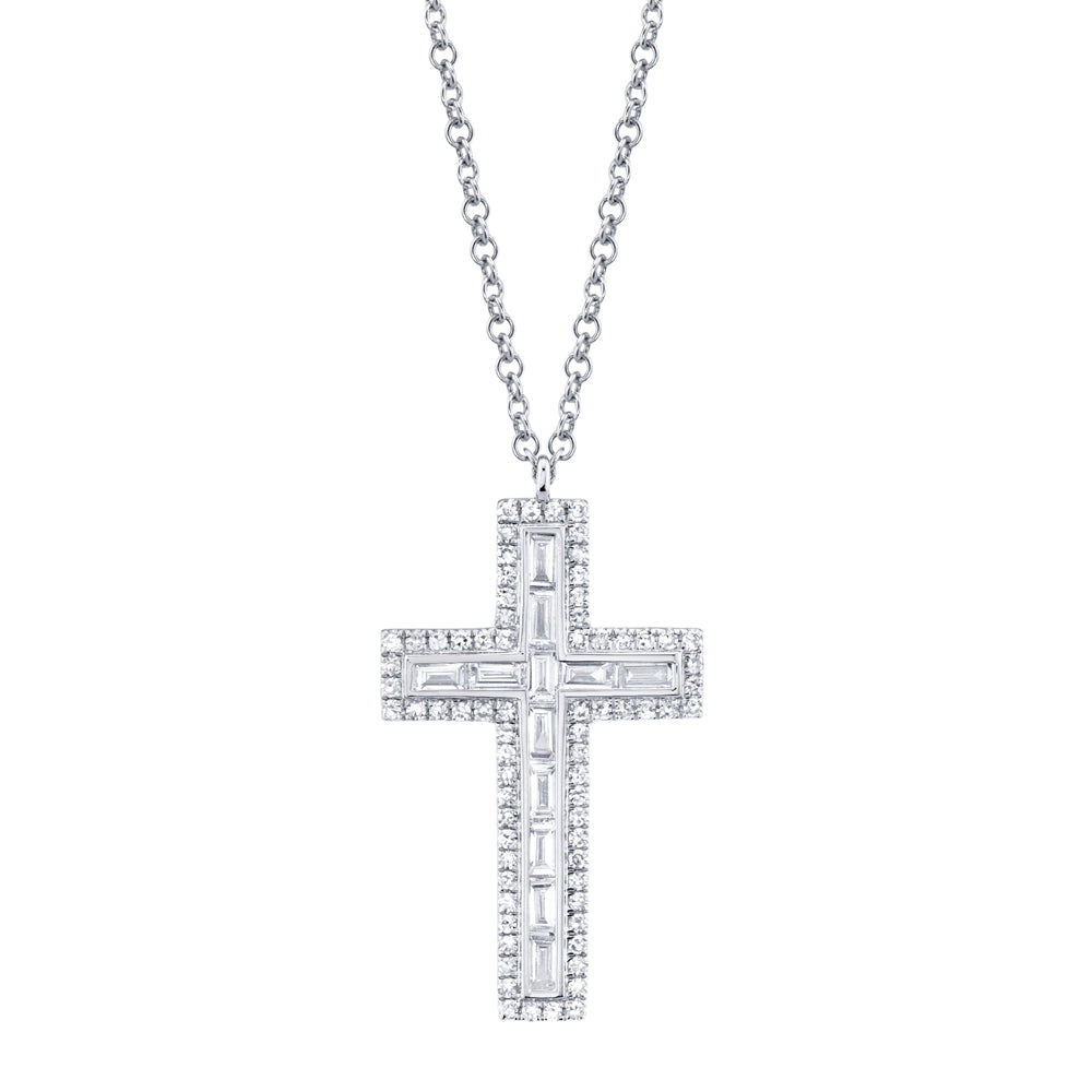 14K White Gold Diamond Baguette Cross Necklace