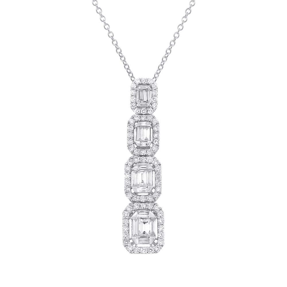 14K White Gold Diamond Drop Pendant Necklace, Baguette Design with Halos