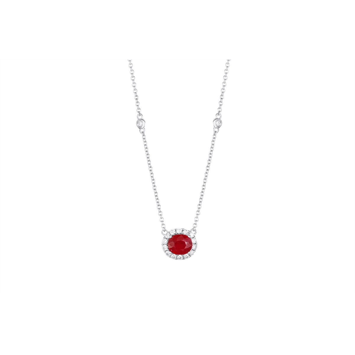 14K White Gold East to West Oval Ruby with Diamond Halo Pendant Necklace