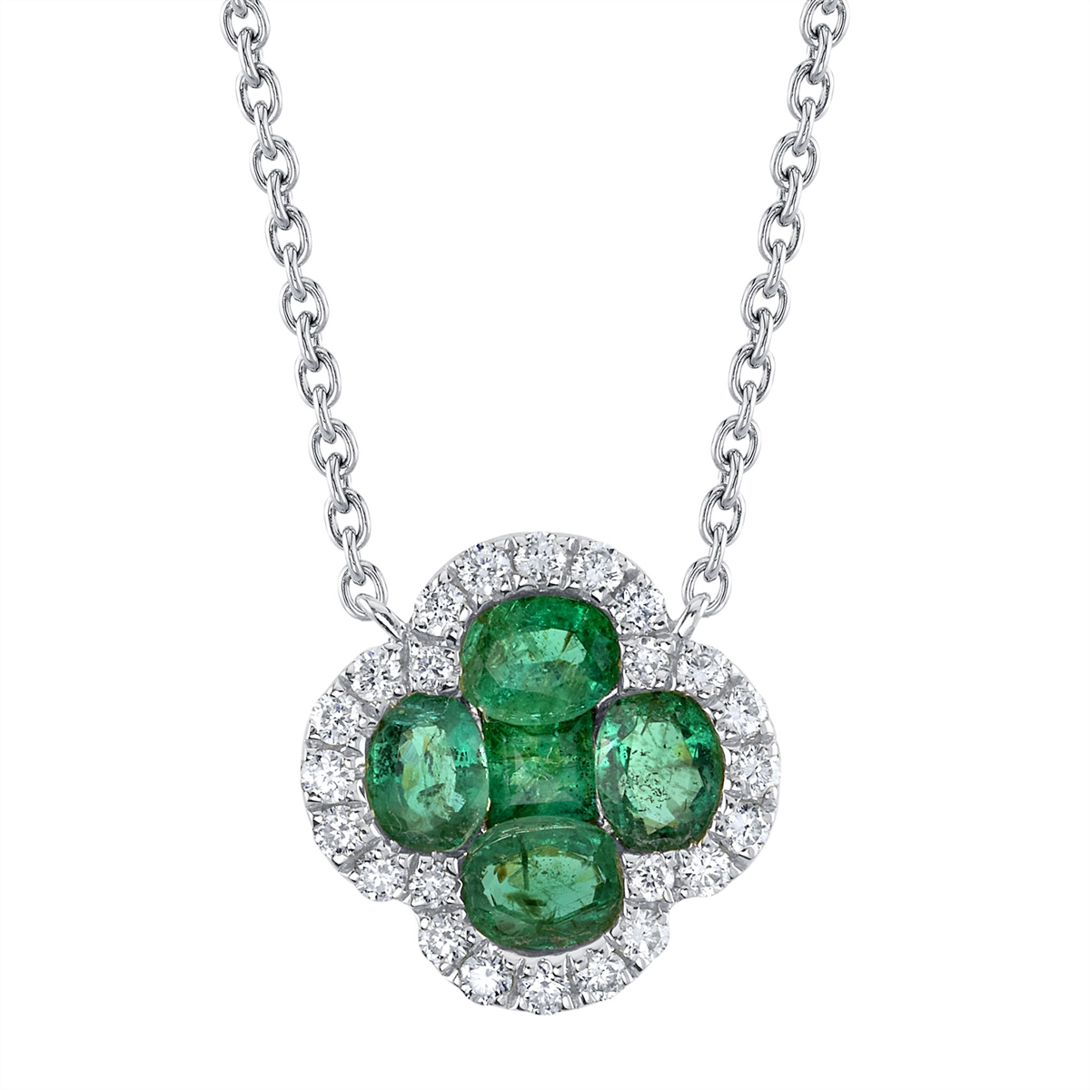 14K White Gold Emerald and Diamond Clover Necklace