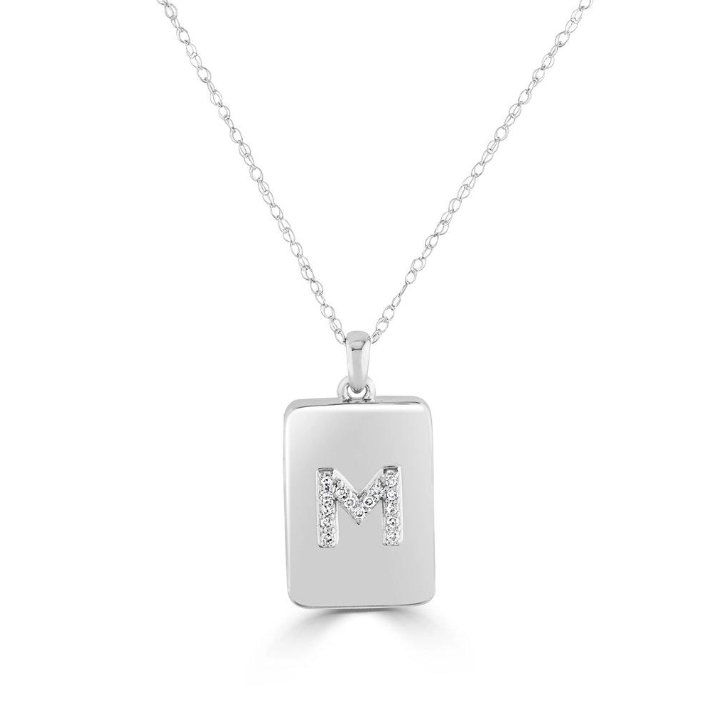 14K White Gold Initial M Tag Diamond Pendant Necklace