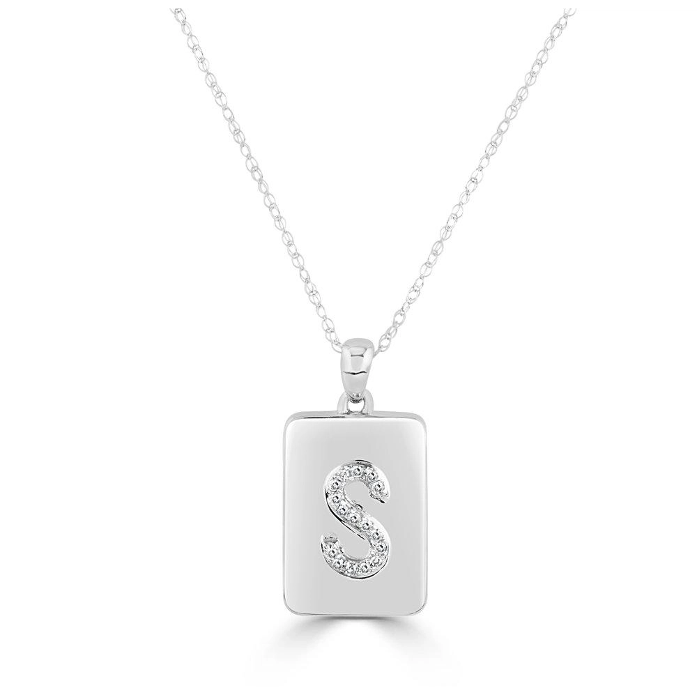 14K White Gold Initial S Tag Diamond Pendant Necklace