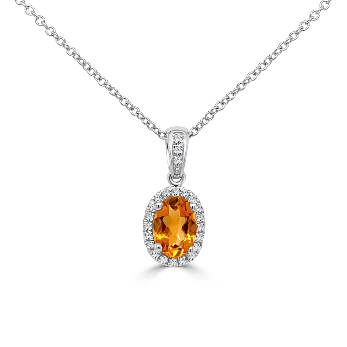 14K White Gold Oval Citrine Pendant Necklace with Diamond Halo