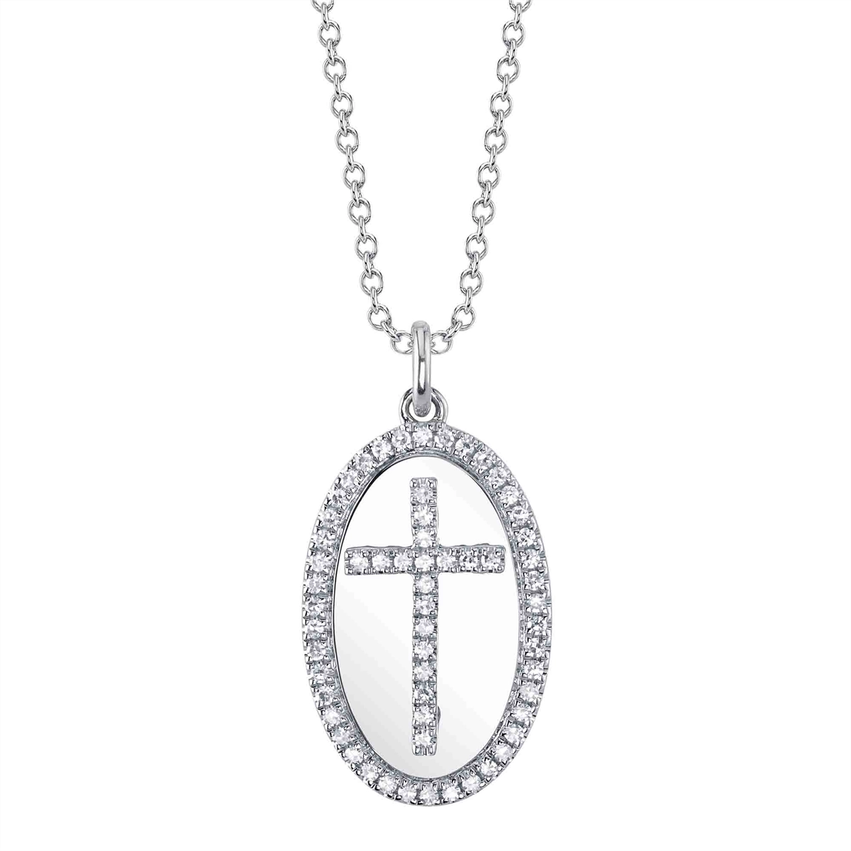 14K White Gold Oval Diamond Cross Pendant Necklace