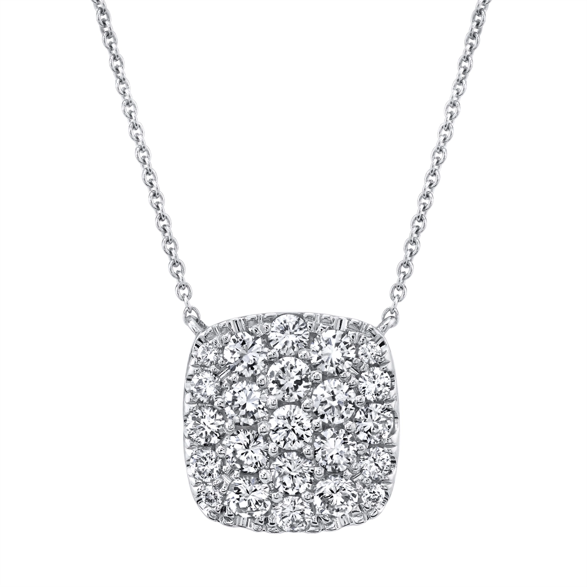 14K White Gold Pave Diamond Cushion Shaped Pendant Necklace