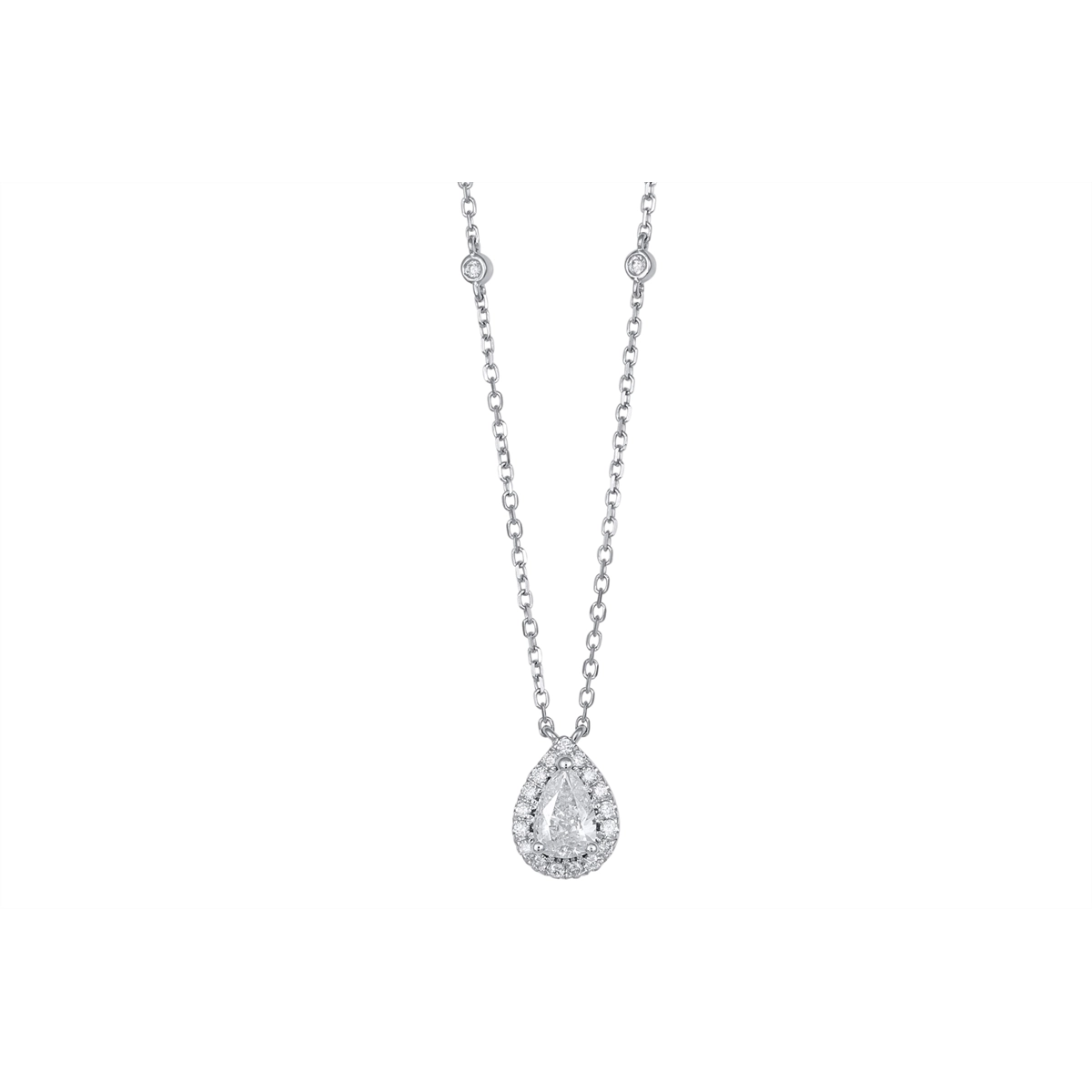 14K White Gold Pear Diamond with Halo Pendant Necklace