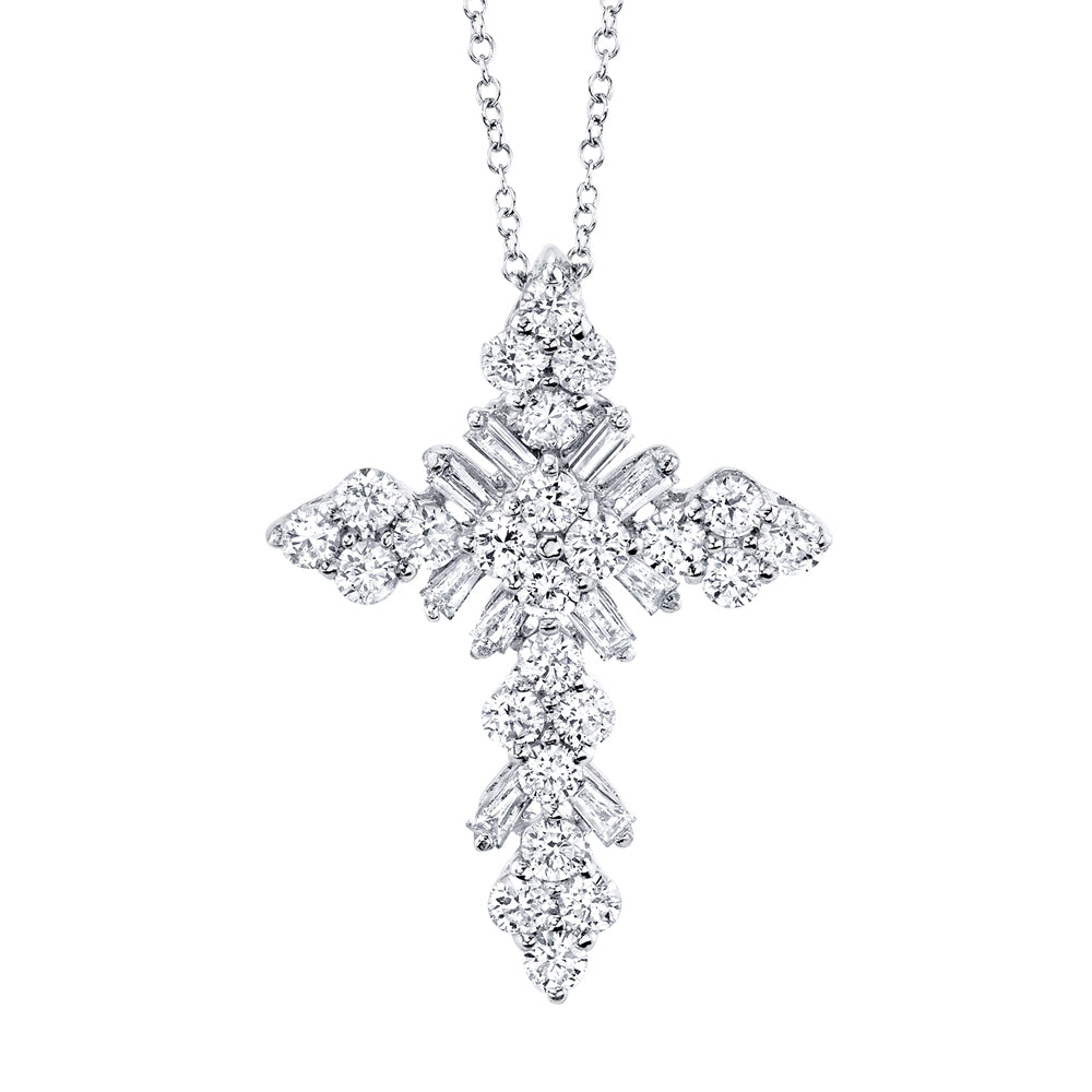 14K White Gold Round and Baguette Diamond Cross Necklace