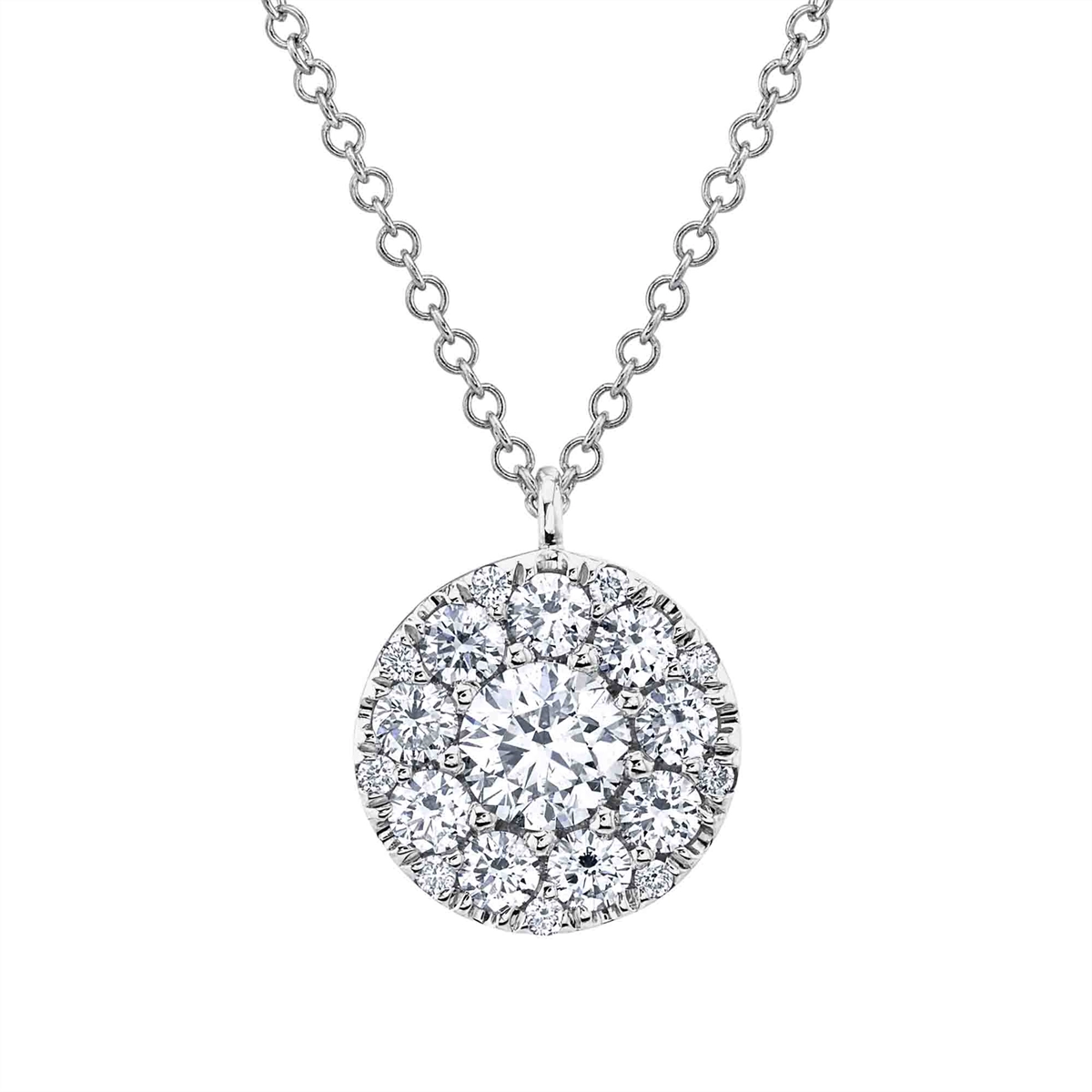 14K White Gold Round Diamond Cluster Necklace