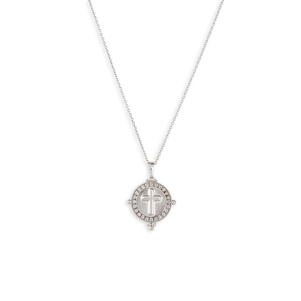 14K White Gold Round Pendant Necklace with Cross and Diamond Halo