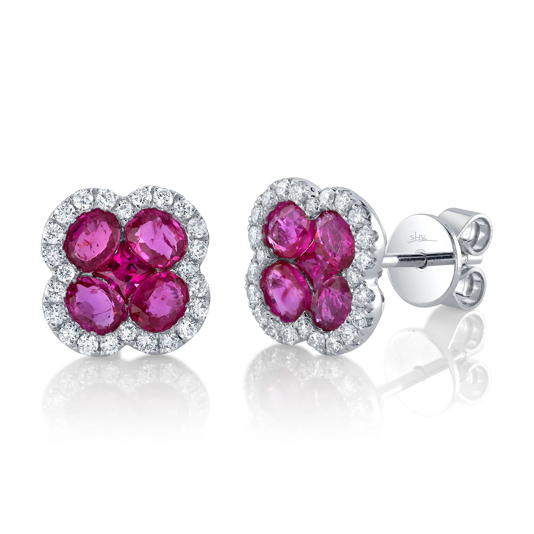 14K White Gold Ruby Diamond Clover Stud Earrings