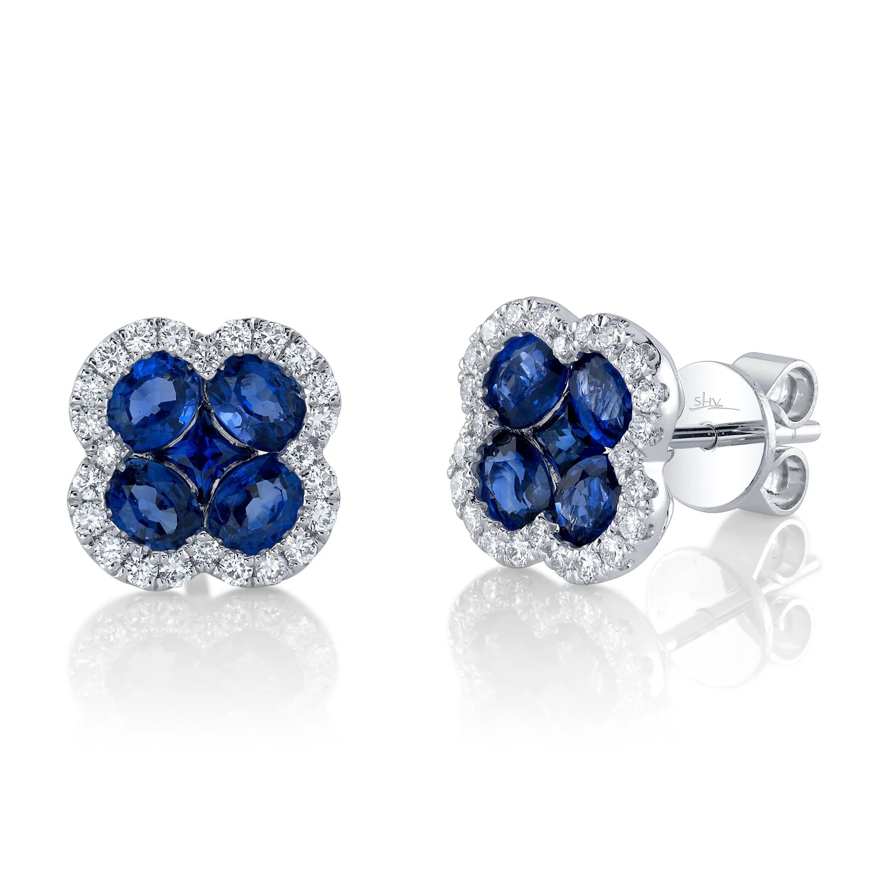 14K White Gold Sapphire Diamond Clover Stud Earrings