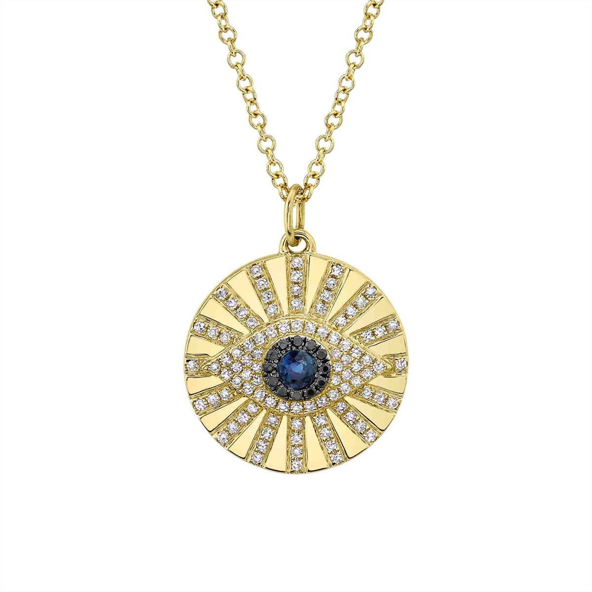 14K Yellow Gold Black and White Diamond and Blue Sapphire Evil Eye Necklace