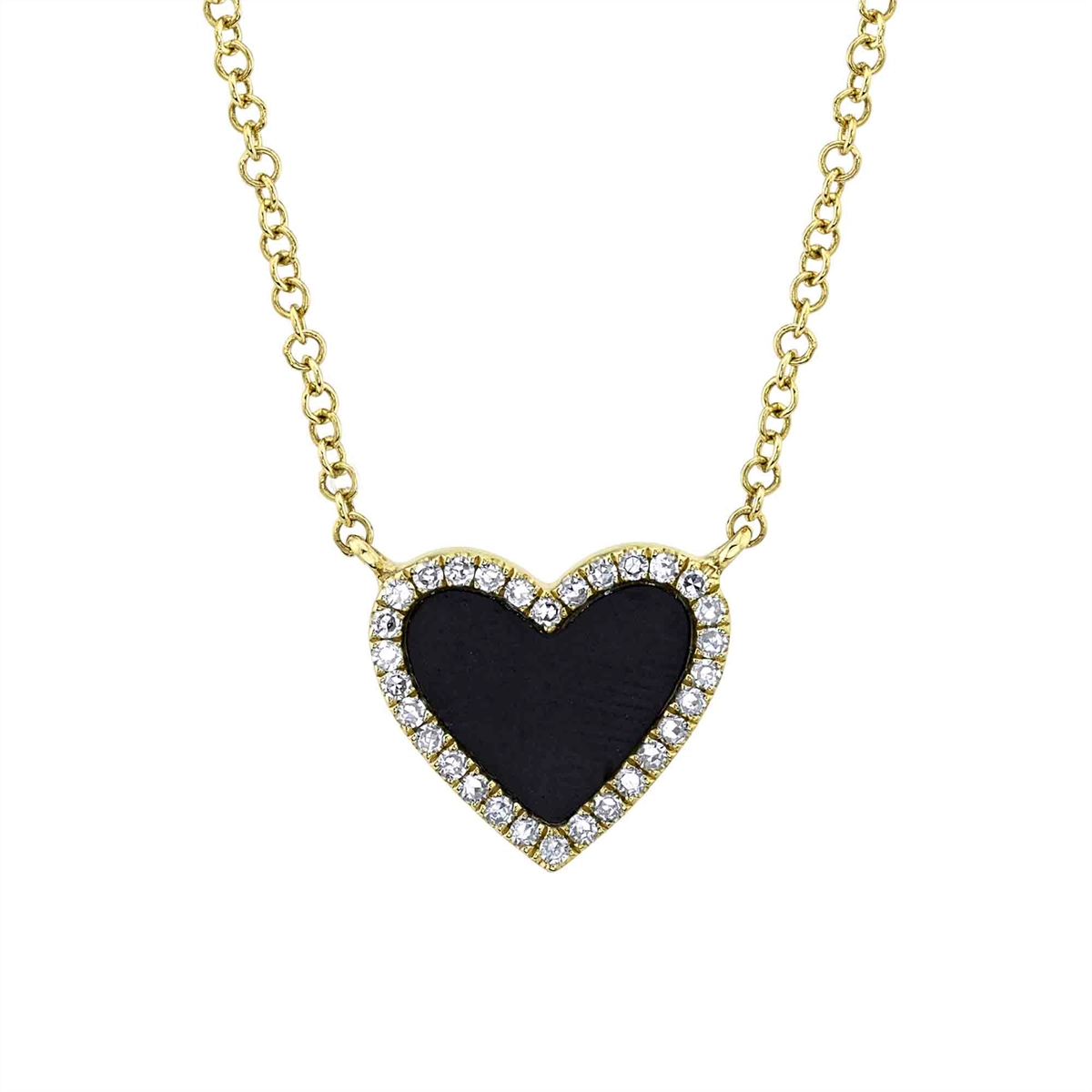 14K Yellow Gold Black Onyx and Diamond Heart Necklace