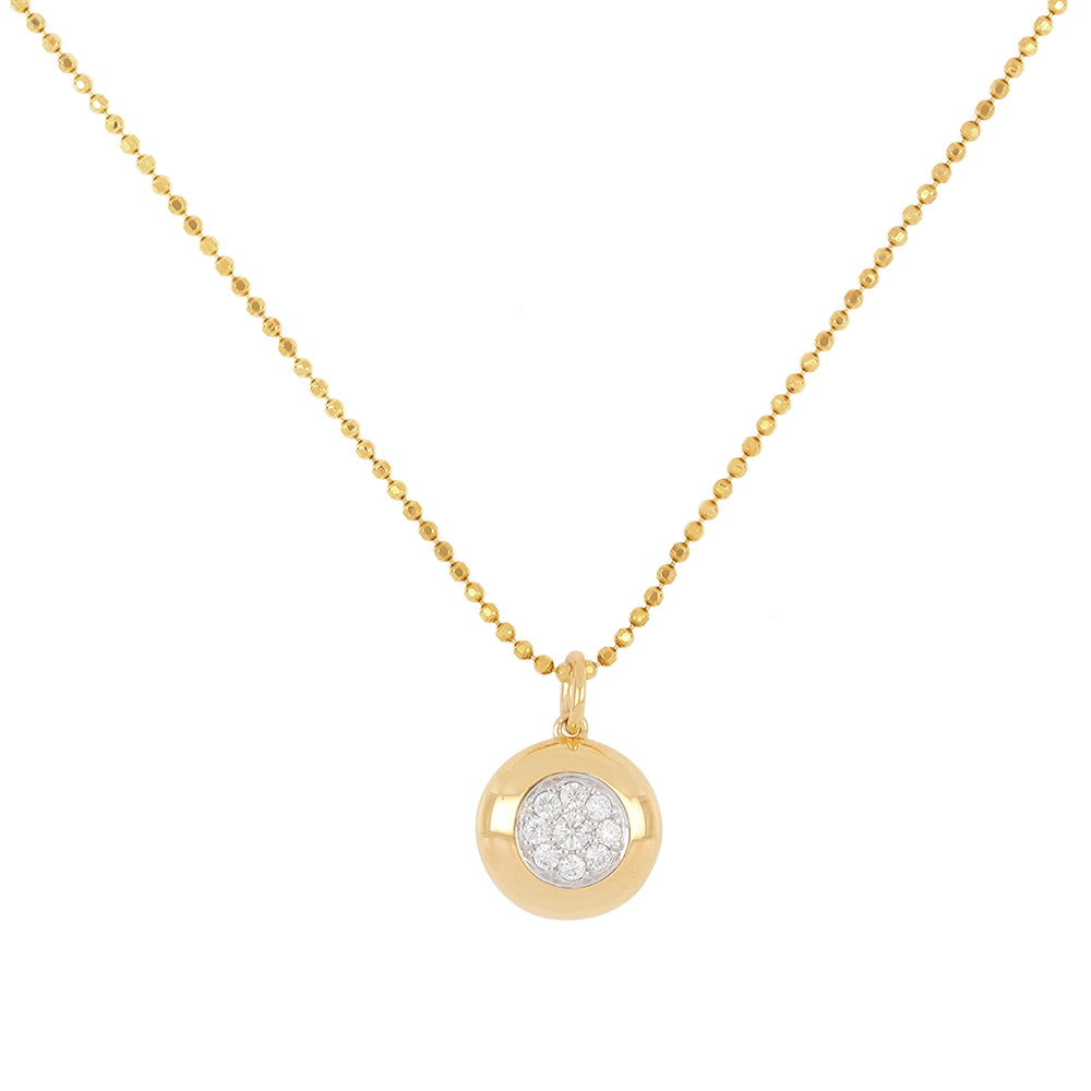 14K Yellow Gold Button with 14K White Gold Round Cluster Diamond Center Pendant Necklace