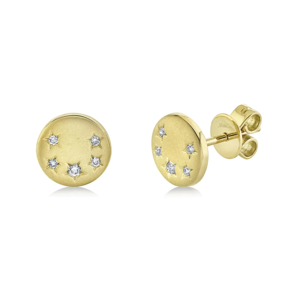 14K Yellow Gold Celestial Diamond Brushed Disk Stud Earrings