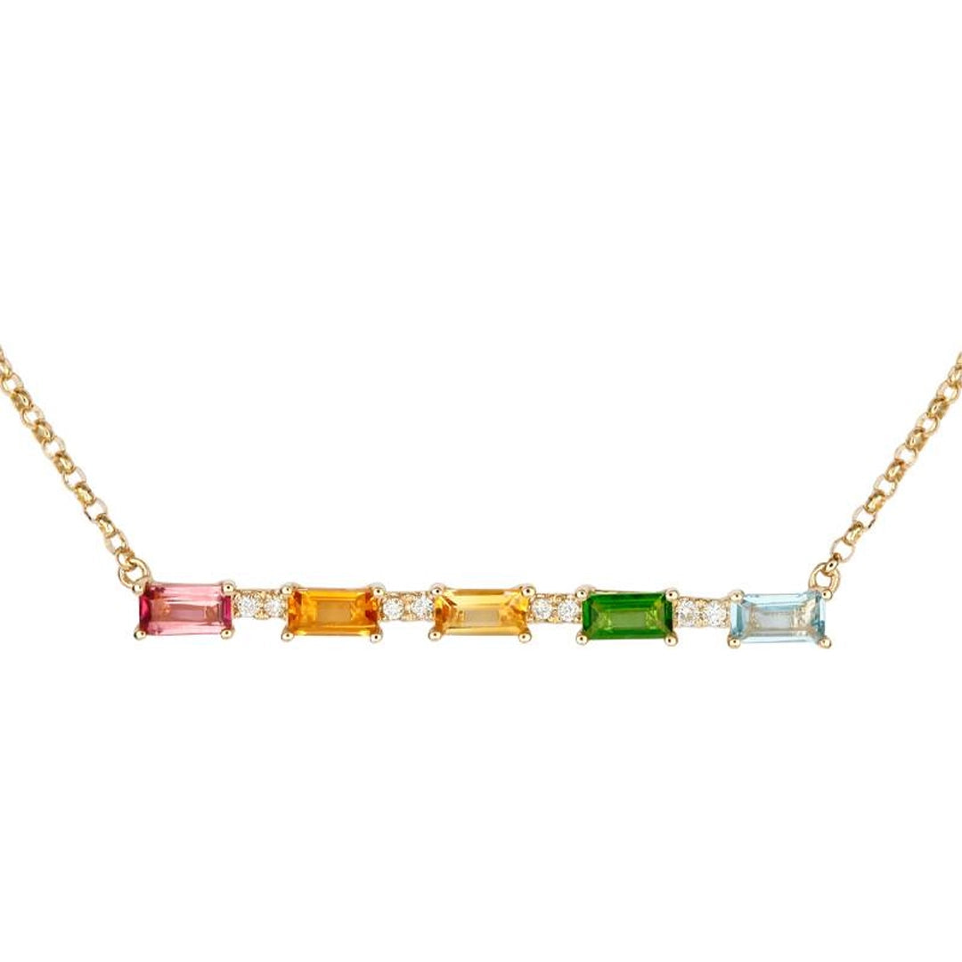 14K Yellow Gold Curved Bar Necklace with Citrine, Peridot, Blue Topaz, Pink Tourmaline and Diamonds