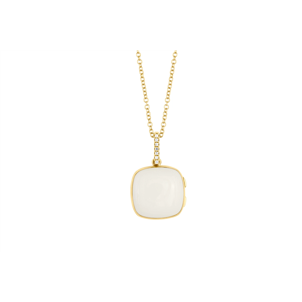 14K Yellow Gold Cushion Locket Necklace with White Enamel and Diamonds