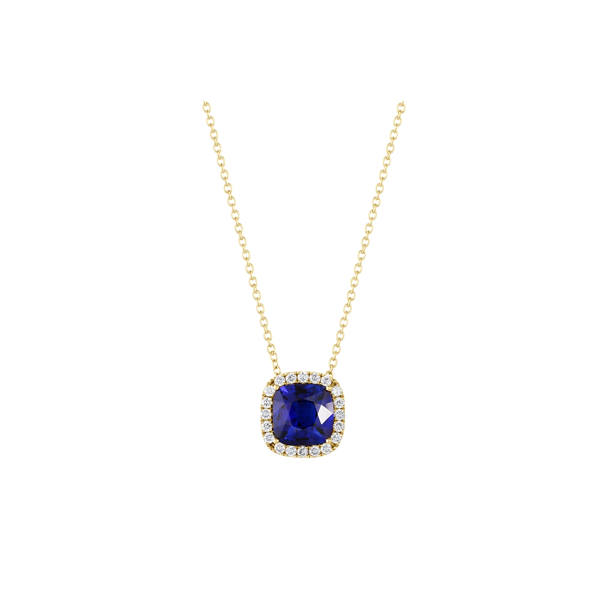 14K Yellow Gold Cushion Sapphire with Diamond Halo Pendant Necklace