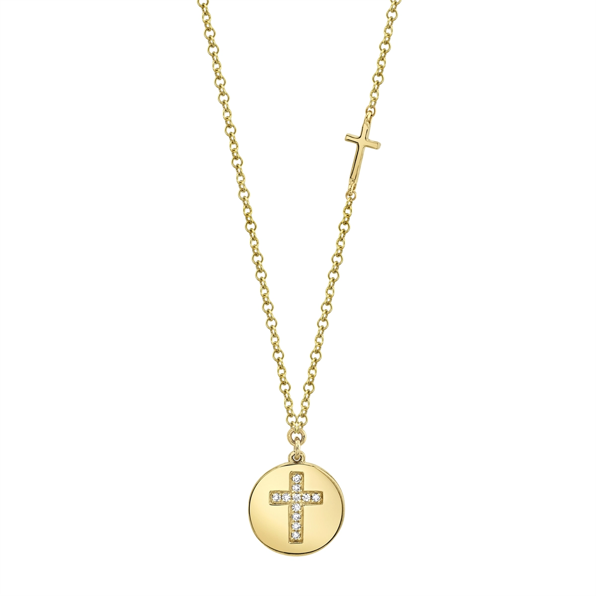 14K Yellow Gold Diamond Cross Disc Pendant Necklace, 15-18 inch