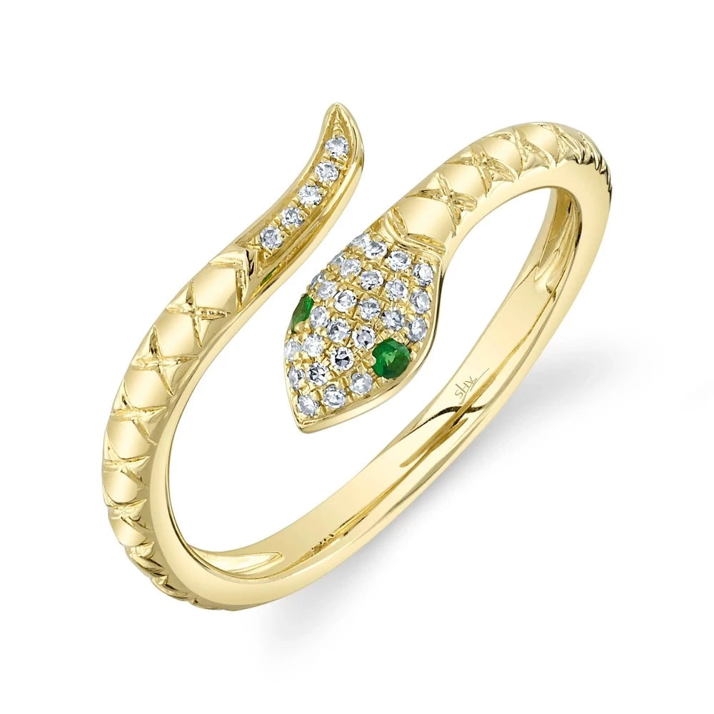 14K Yellow Gold Diamond Green Garnet Snake Ring