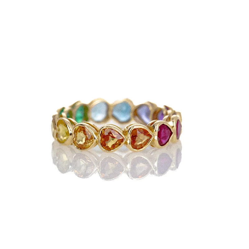 14K Yellow Gold Heart Shape Multi-Color Gemstone Eternity Band