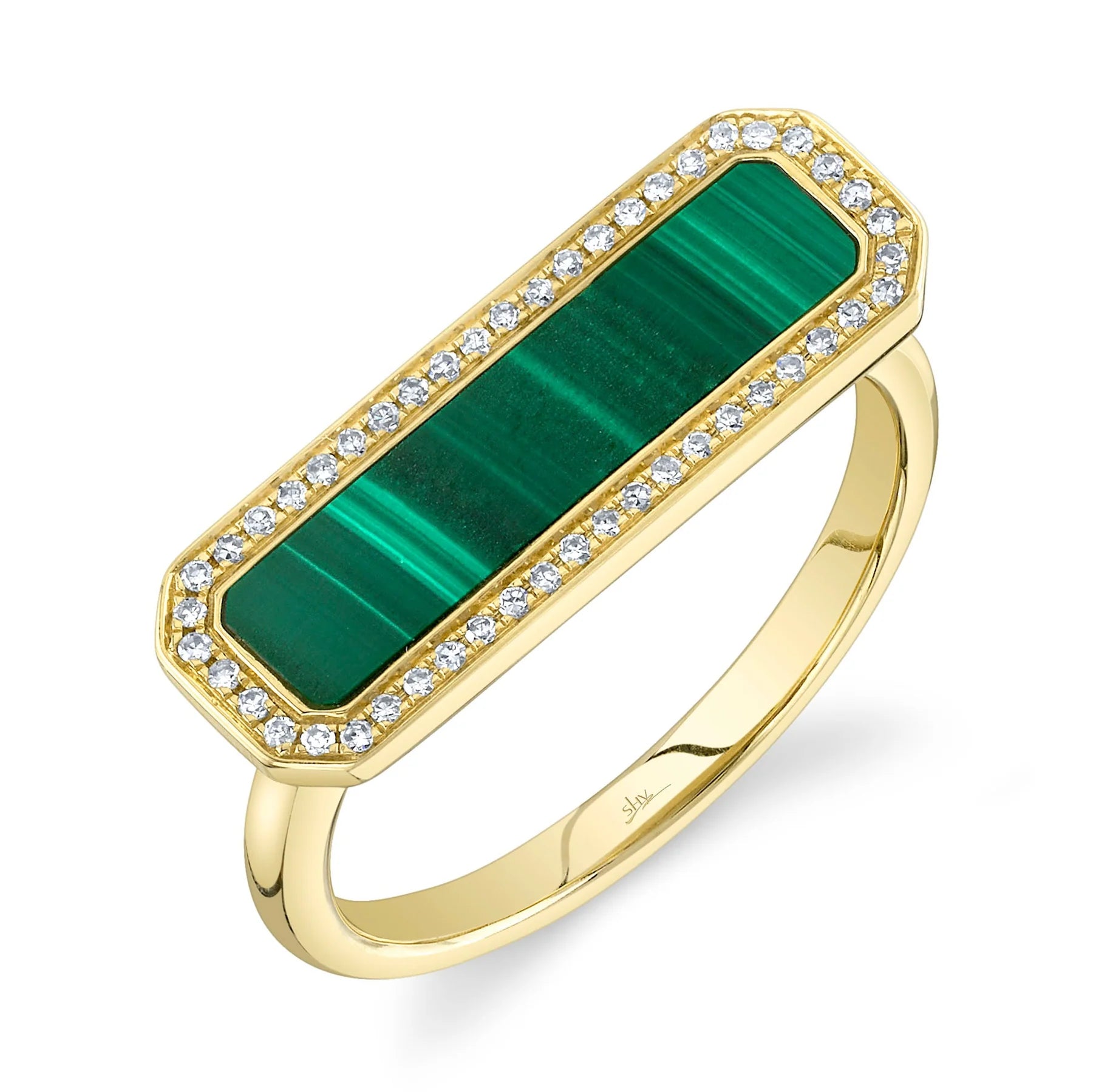 14K Yellow Gold Malachite Diamond Bar Ring