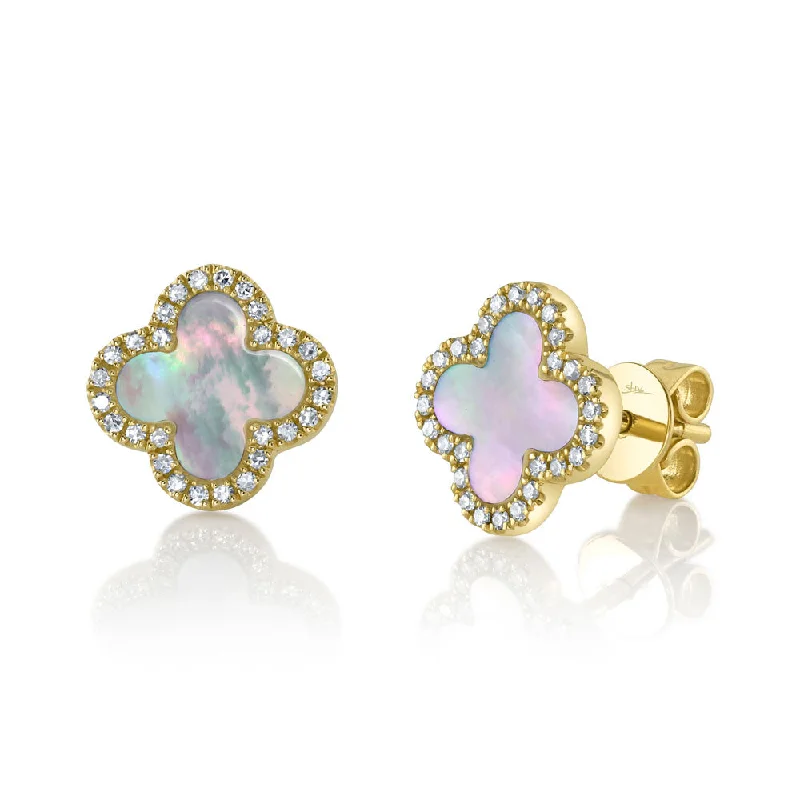 14K Yellow Gold Mother of Pearl Diamond Clover Stud Earrings