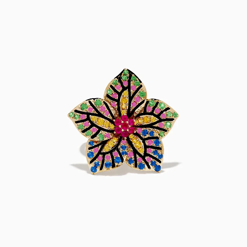 14K Yellow Gold Multi Color Sapphire, Ruby and Tsavorite Flower Ring