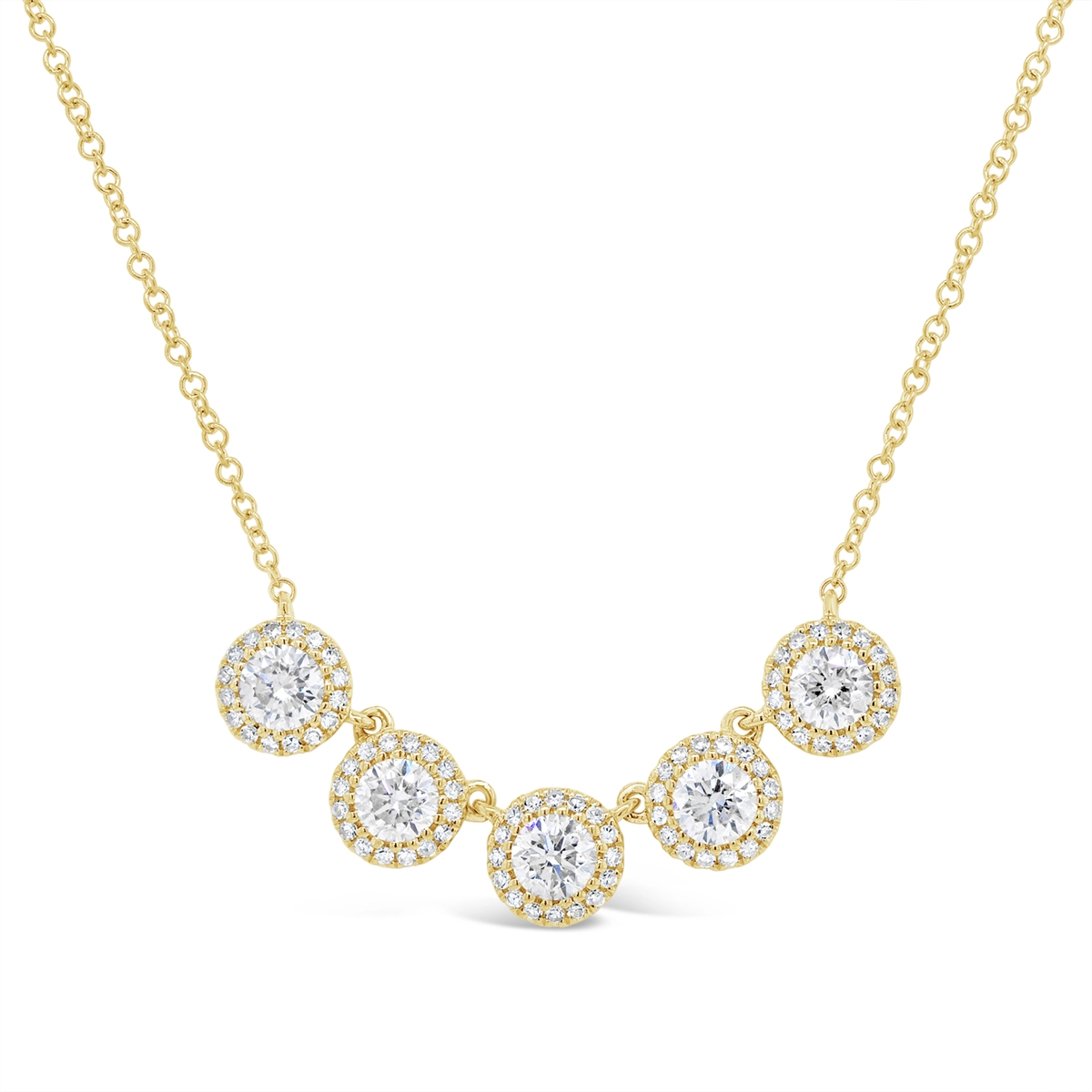 14K Yellow Gold Necklace with 5 Diamonds with Halos