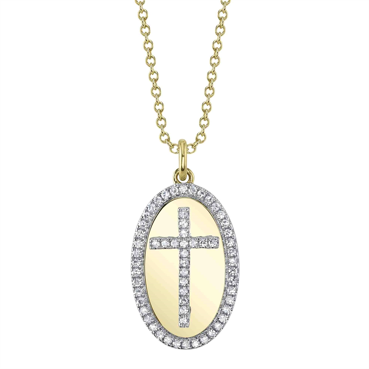 14K Yellow Gold Oval Diamond Cross Necklace