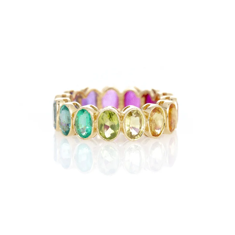 18K Yellow Gold Oval Multi-Color Gemstone Eternity Band