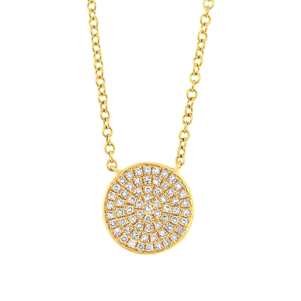 14K Yellow Gold Round Pave Diamond Disc Necklace