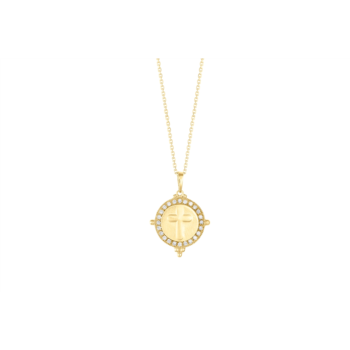 14K Yellow Gold Round Pendant Necklace with Cross and Diamond Halo