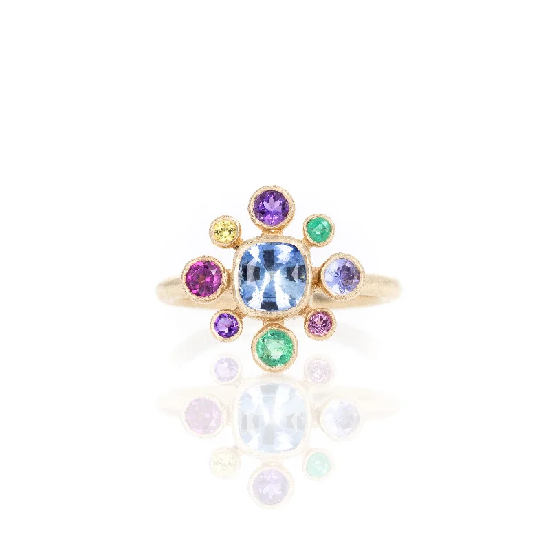 14K Yellow Gold Sapphire and Multicolor Gemstone Floral Cluster Bezel Ring