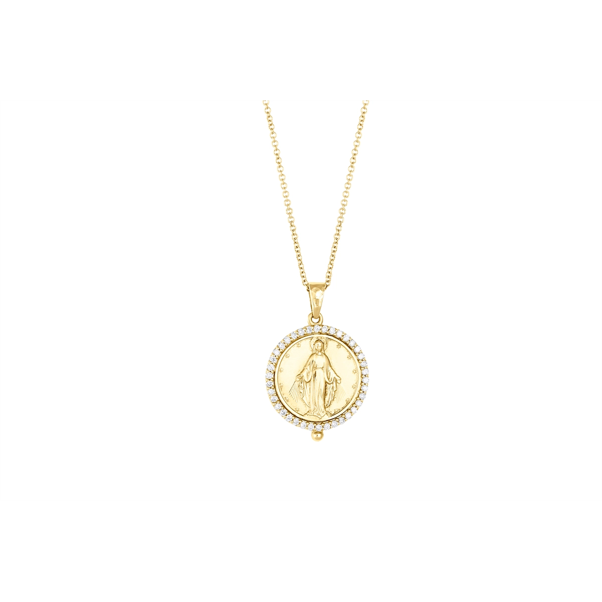 14K Yellow Gold Virigin Mary Coin Pendant Necklace with Diamond Halo