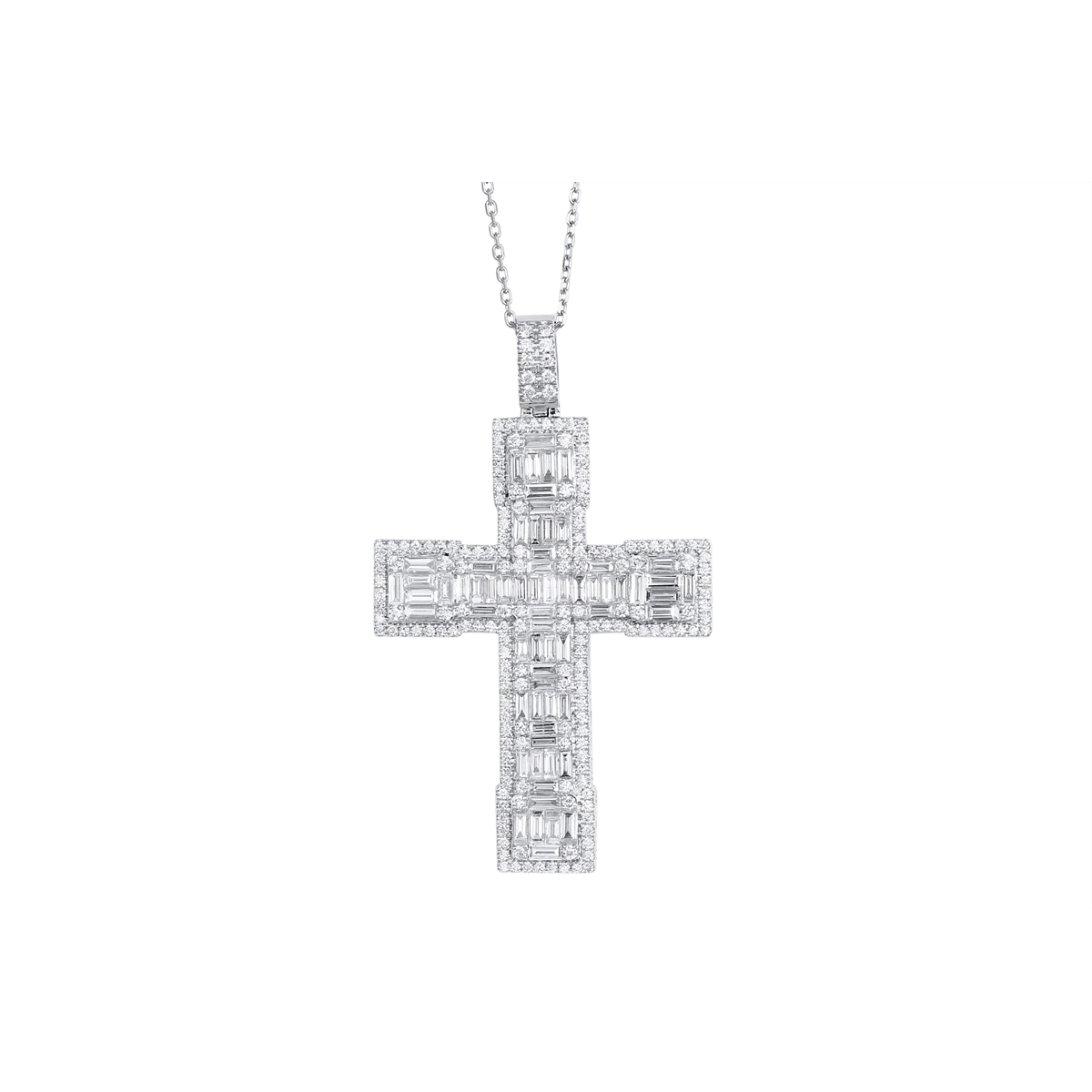 18K White Gold Baguette and Round Diamond Cross Pendant Necklace