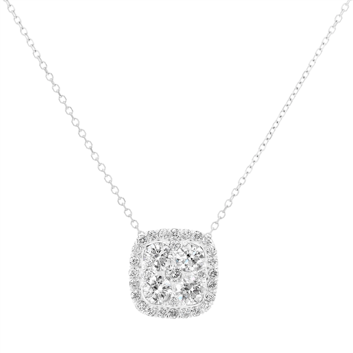 18K White Gold Diamond Cushion Shape Halo Cluster Pendant Necklace, 16 inch