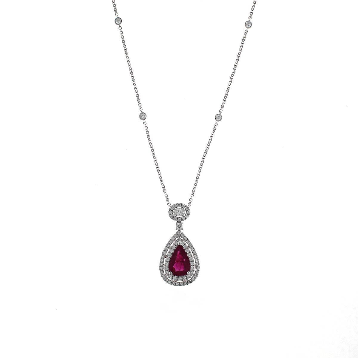 18K White Gold Pear Ruby with Double Diamond Halo Pendant Necklace