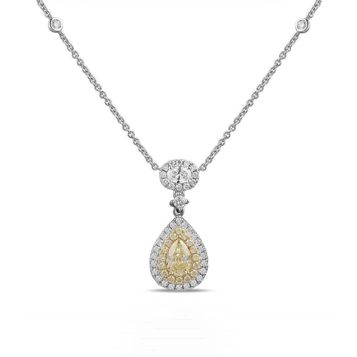 18K White Gold Pear Yellow Diamond with Yellow and White Diamond Halo and Oval with Halo Pendant Necklace